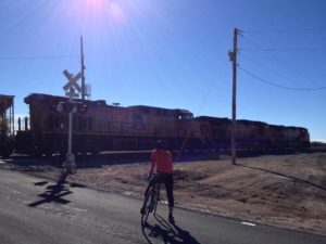 train crossing in Engle with road biker